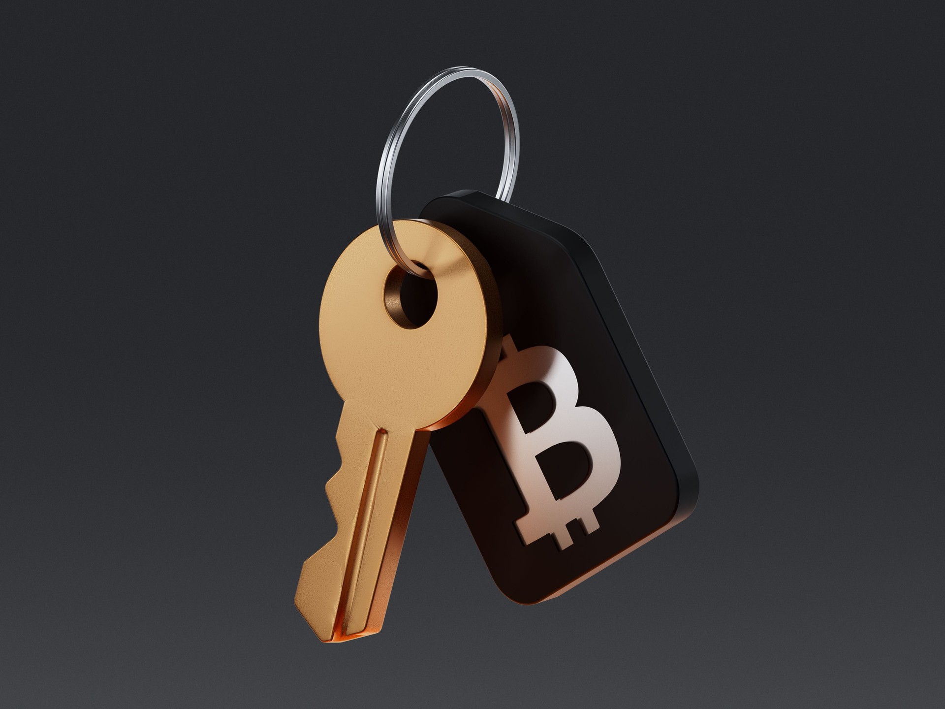 3D render icon of a key with a bitcoin symbol tag. Represents cryptocurrency security, private keys, digital wallets, blockchain access and crypto asset protection.