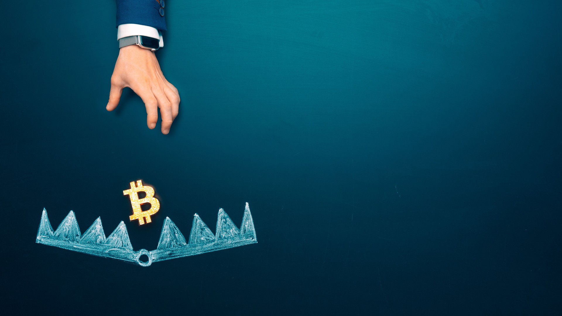 Trapped concept. Bitcoin as a bait. cryptocurrency into the bear trap. Businessman hand trying to reach the money trap with bitcoin. Copy space